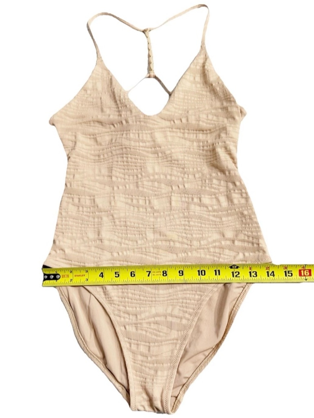 Aerie Beige Textured One Piece Swimsuit Open Back Beaded Strap M - Picture 8 of 10